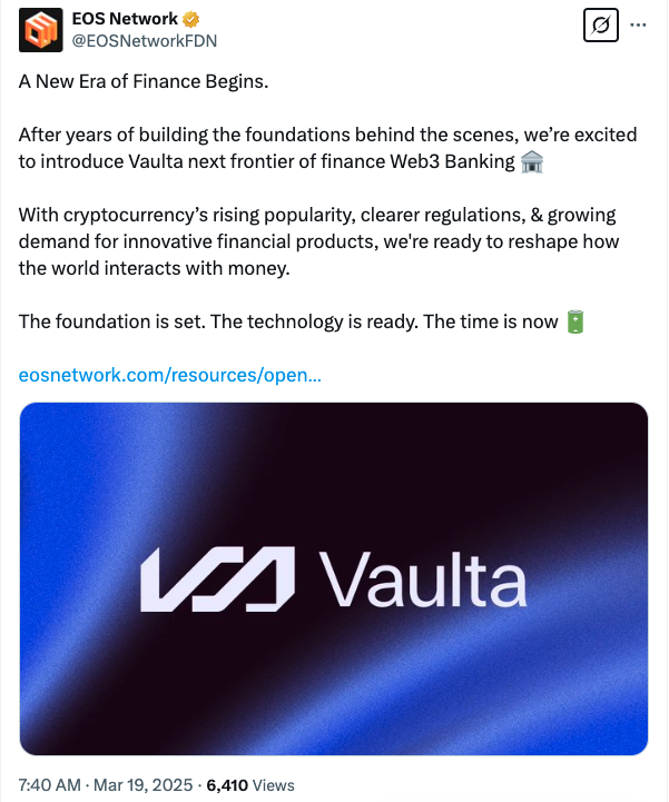 EOS Network, the blockchain with the largest-ever initial coin offering, has rebranded to Vaulta as it pivots into offering Web3 banking services. EOS Network, the blockchain with the largest-ever initial coin offering, has rebranded to Vaulta as it pivots into offering Web3 banking services.