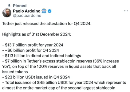 Tether recorded a profit of $13.7 billion in 2024 Tether recorded a profit of $13.7 billion in 2024