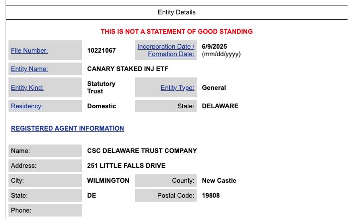 A regulatory entry showing Canary Capital’s staked INJ ETF trust. Source: Delaware Division of Corporations A regulatory entry showing Canary Capital’s staked INJ ETF trust. Source: Delaware Division of Corporations