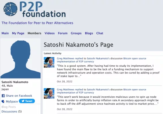 Screenshot of Satoshi Nakamoto's profile page on P2 Foundation — April 5, 2023 Screenshot of Satoshi Nakamoto's profile page on P2 Foundation — April 5, 2023